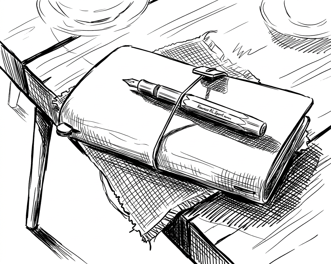 Ink illustration of a treasurer's desk: notebook, pen, papers