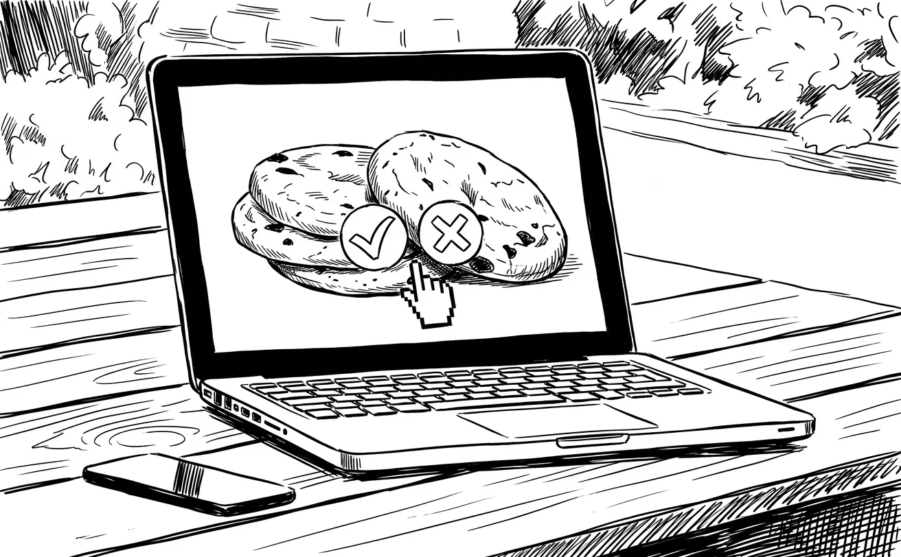 Cookie consent popup screen, ink illustration