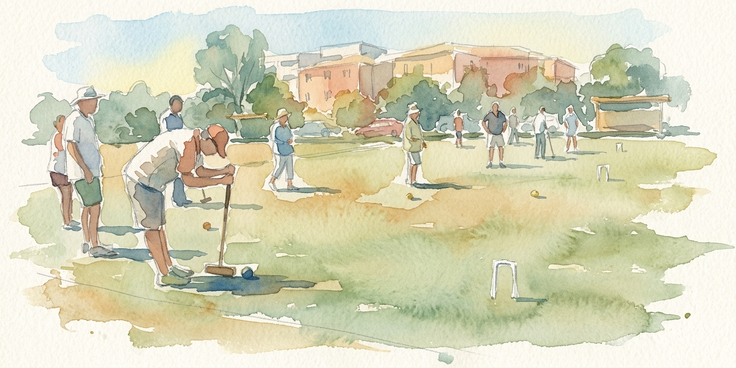 Watercolour of a group playing croquet