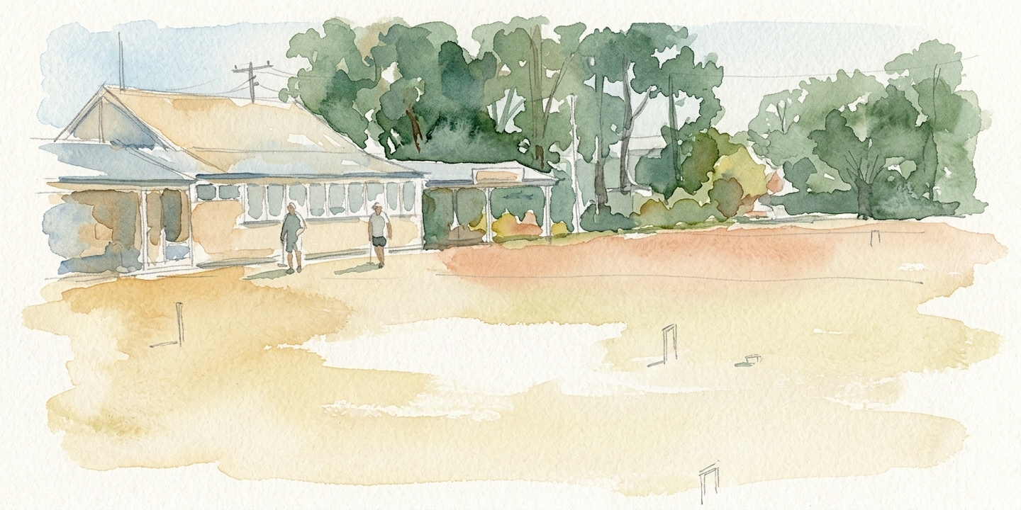 Watercolour of players on an outdoor croquet lawn