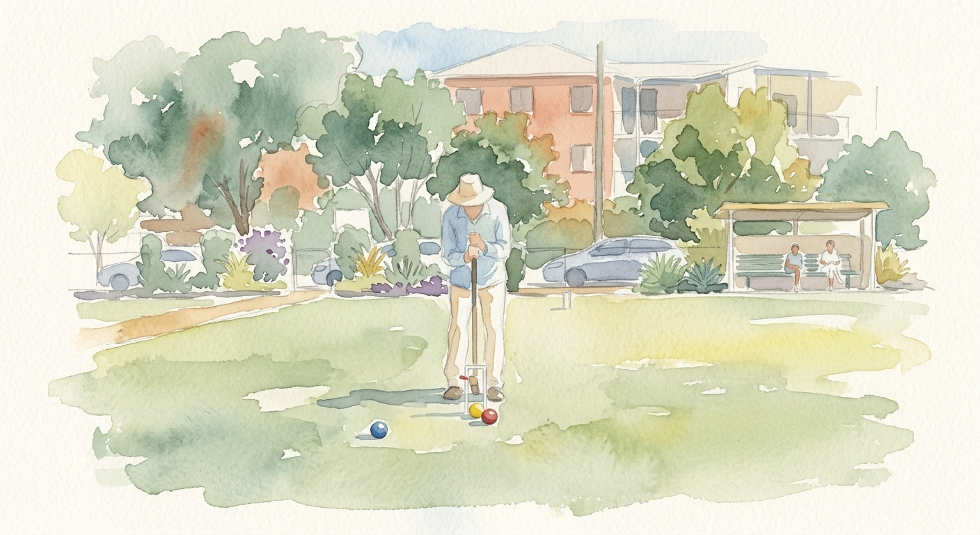 Watercolour of a single player at the lawn