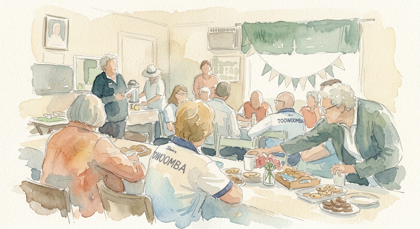 Watercolour of a social gathering at the clubhouse