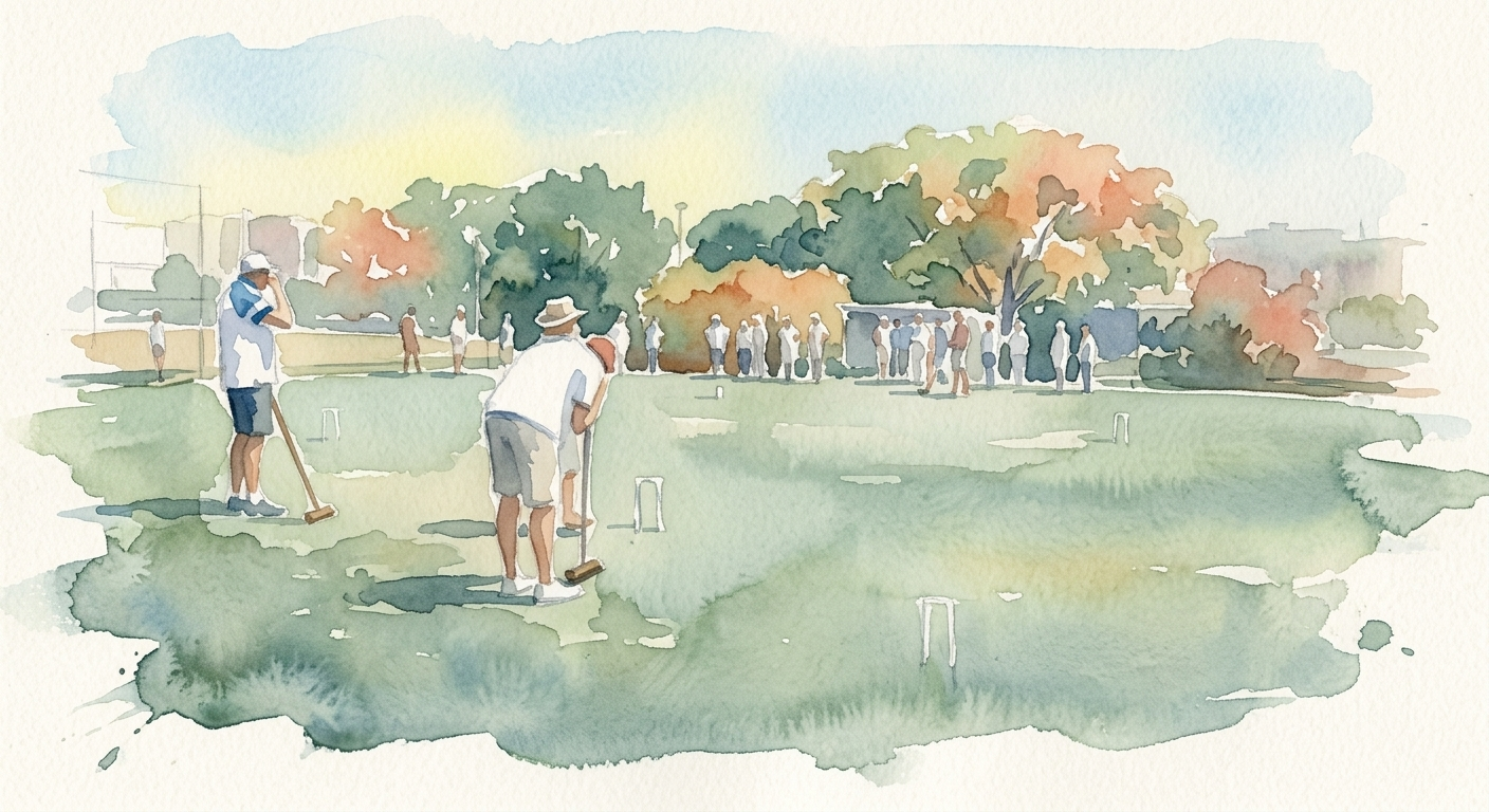 Watercolour of a tournament-style croquet lawn
